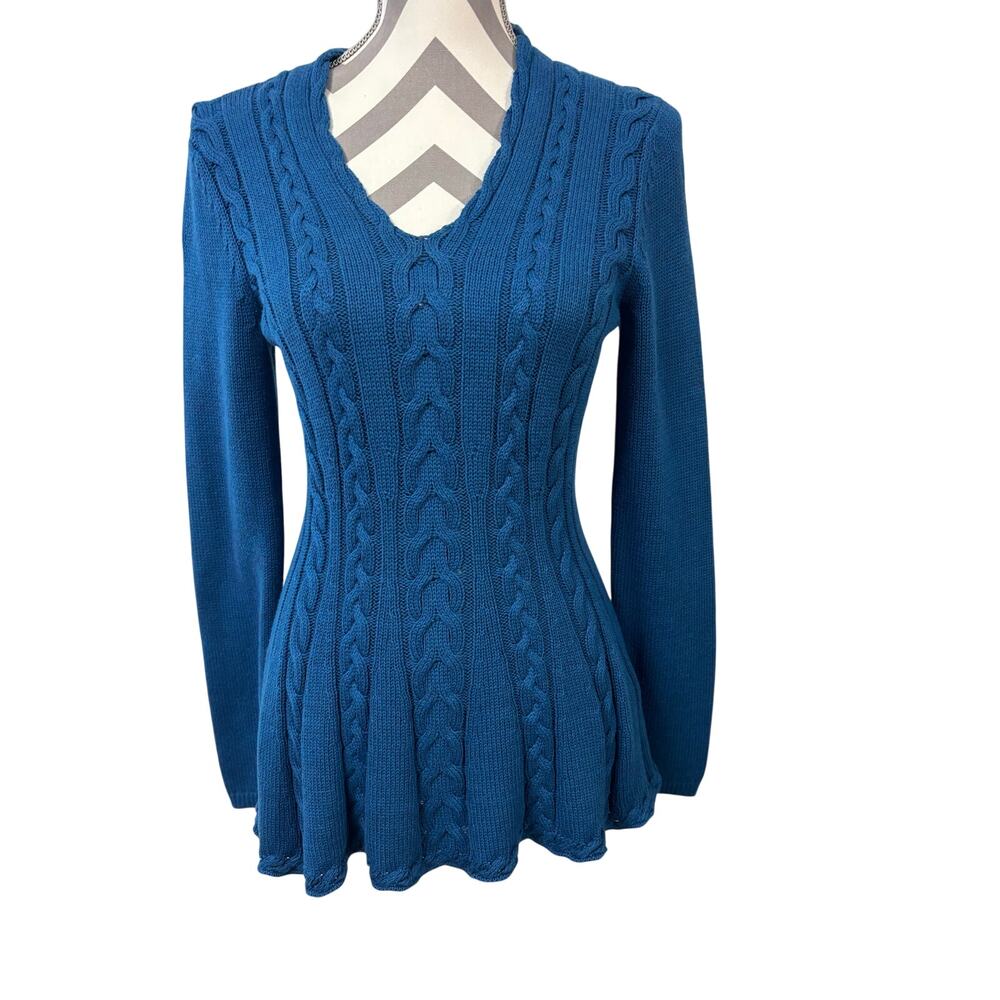 Boston Proper Blue Cable Knit Fit & Flare Peplum Sweater Small
